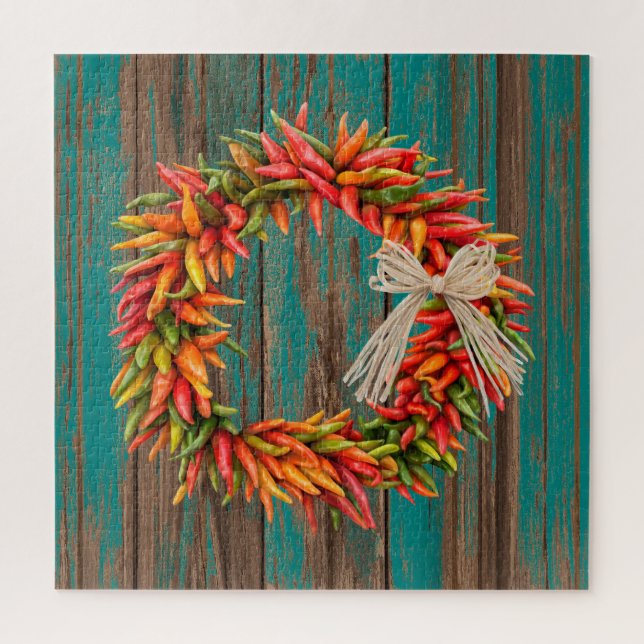 Puzzle Sud-Ouest Chili Ristra Wreath Patiné Bois bleu (Vertical)