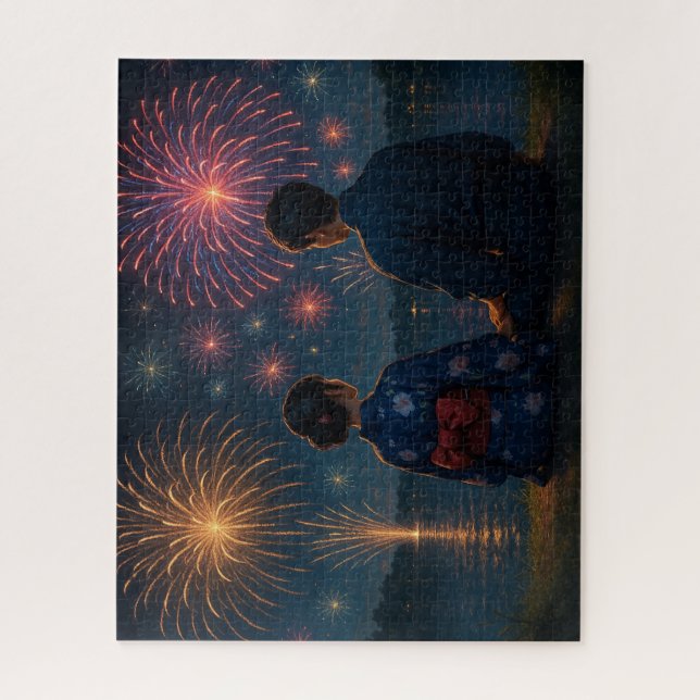 Puzzle Summer Fireworks by the Lake with a Yukata Couple (Vertical)