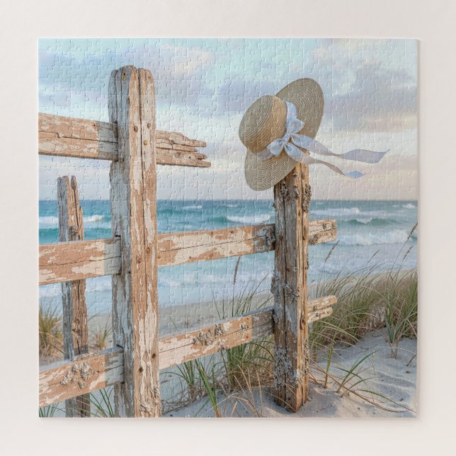 Puzzle Sun Hat On Rustic Beach Fence Post (Vertical)
