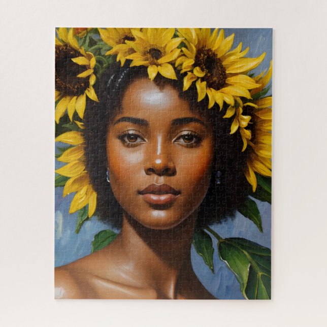 Puzzle Sunflower Black Woman Portrait Art (Vertical)