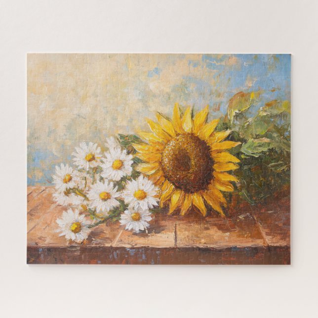 Puzzle Sunflowers and Daisies on Rustic Table (Horizontal)