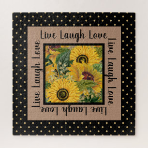 Puzzle Sunflowers Black Gold Polka Dot Live Rire Amour