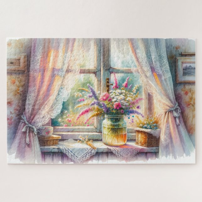 Puzzle Sunlit Cottage Window Wildflowers (Horizontal)