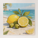 Puzzle Sunny Lemon Olive Beachside Fresh<br><div class="desc">Capture the essence of a Mediterranean seaside escape with this vibrant, cheerful illustration. Juicy yellow lemons — whole and sliced — shine brightly alongside plump green olives on a branch, all nestled on warm sandy shores with turquoise ocean waves and swaying palm trees in the background. The bright, zesty citrus...</div>