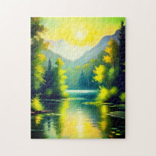 Puzzle Sunrise sur les montagnes enneigées et le lac