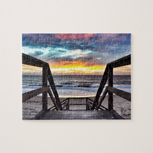 Puzzle Sunset Beach View from Rustic Wood Deck (Horizontal)