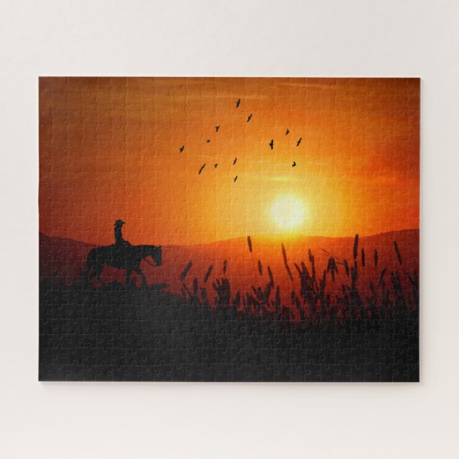 Puzzle Sunset Cowgirl on a Horse Meadow Ride Western (Horizontal)