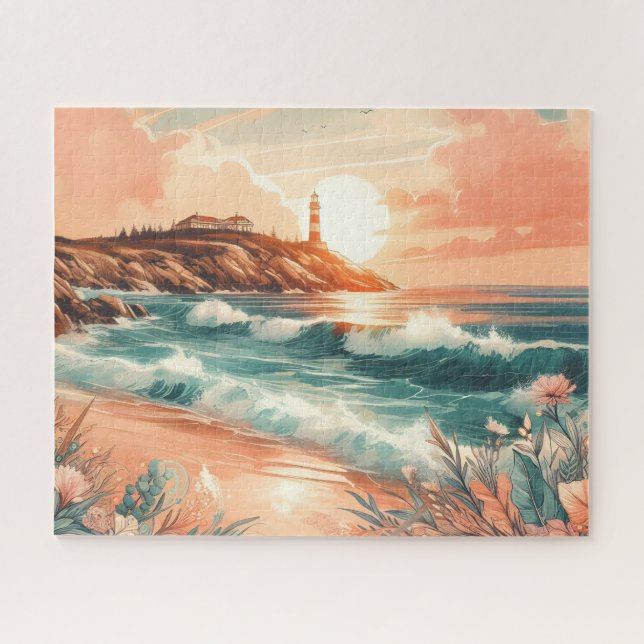 Puzzle Sunset Lighthouse Ocean Beach Boho Floral (Horizontal)