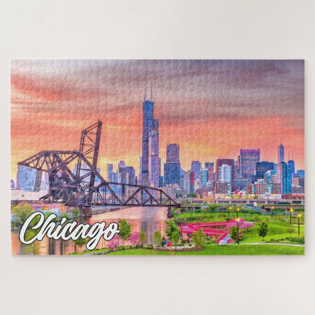 Puzzle Sunset Over Chicago, Illinois, États-Unis (Horizontal)
