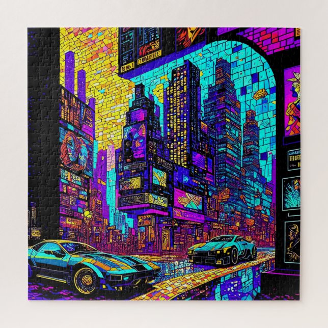 Puzzle Superbe Mosaïque Vitrail Neon Cyberpunk City (Vertical)