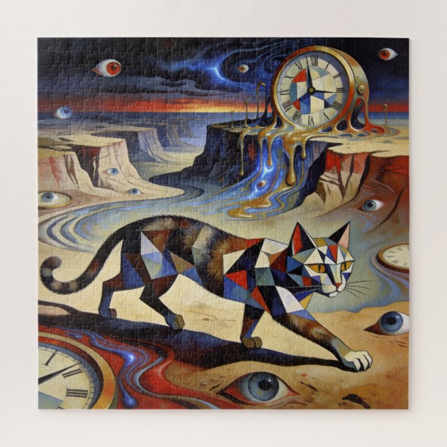 Puzzle Surreal Cat Melting Clocks Dali Picasso Inspired (Vertical)