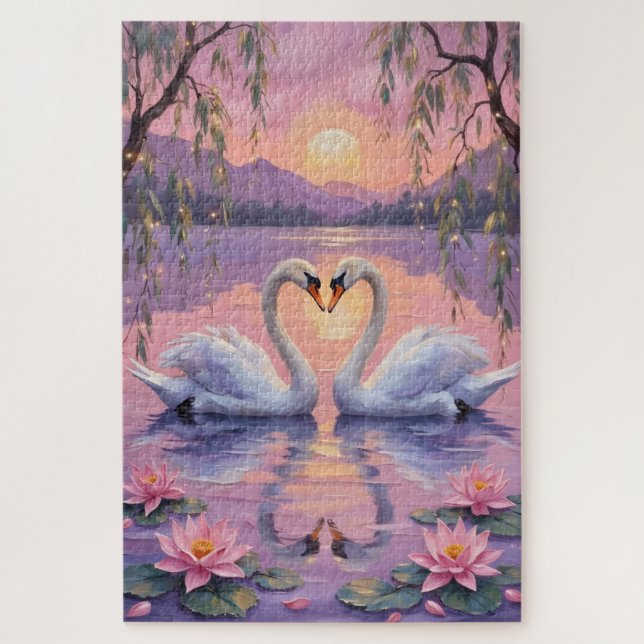 Puzzle Swan Couple Heart on Pink Sunset Lake (Vertical)