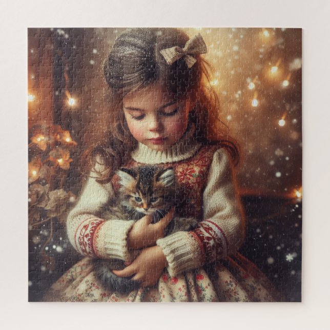 Puzzle Sweet Little Girl and Kitten Christmas (Vertical)