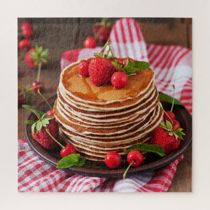 Puzzle Sweet Tasty Syrup Pancakes Red Berries Food Rustic