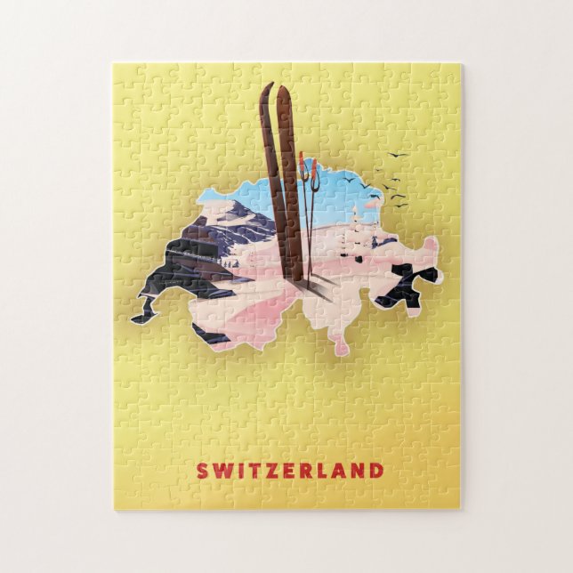 Puzzle Switzerland map Ski travel poster. (Vertical)