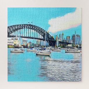 Puzzle Sydney Harbour Bridge bleu ciel avec yachts