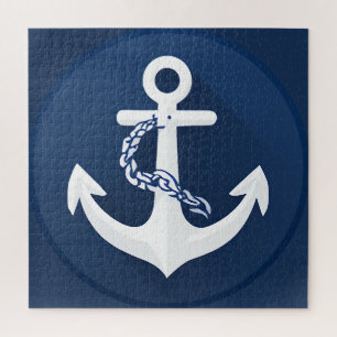 Puzzle Symbole nautique d'ancre Classique Blanc Bleu Mari