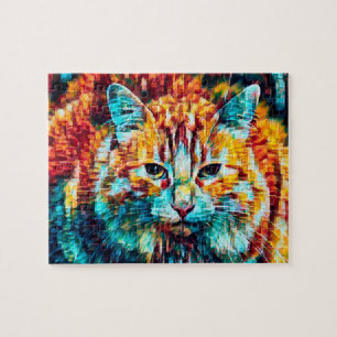 Puzzle Tabby Cat Boho Orange Blue Colorful Hippie