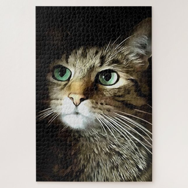 Puzzle Tabby Cat With Green Eyes Isolated On Black (Vertical)