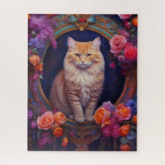 Puzzle Tabby orange avec joaillerie et fleurs (Vertical)
