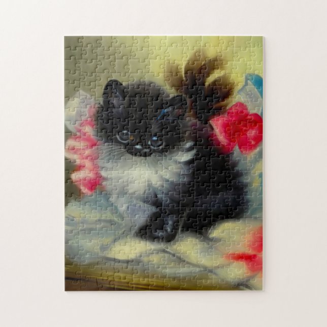 Puzzle Tableau vintage de chaton noir et blanc (Vertical)