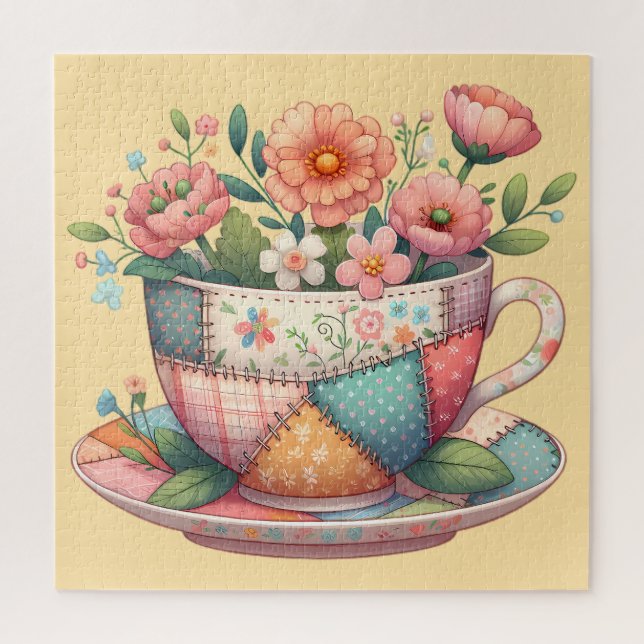 Puzzle Tasse patchwork avec fleurs fantaisistes (Vertical)