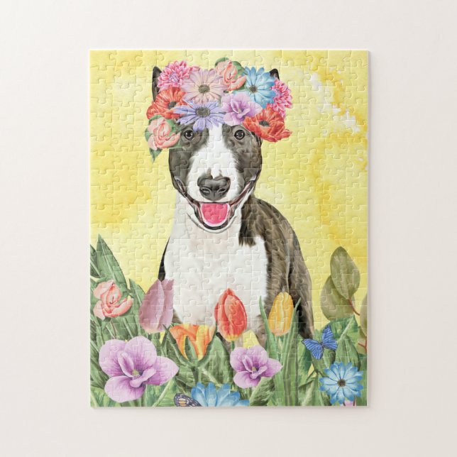 Puzzle Taureau Terrier avec Fleurs Printemps (Vertical)