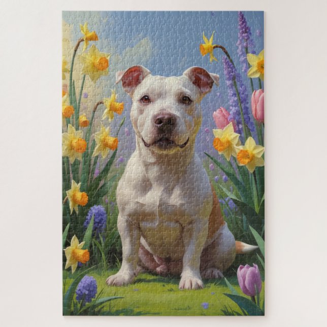 Puzzle Taureau Terrier Fleurs de printemps de chien Peint (Vertical)