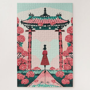 Puzzle Temple japonais aux fleurs rouges et roses