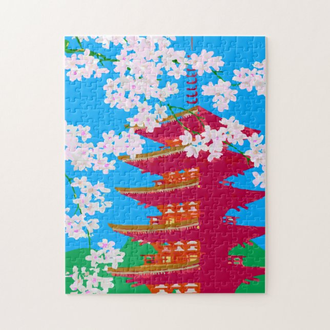 Puzzle Temple japonais avec fleurs de cerisiers (Vertical)