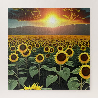 Puzzle terrain de tournesol au coucher du soleil
