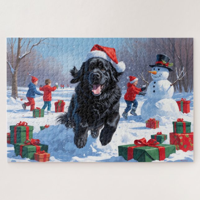 Puzzle Terre-Neuve courant dans la neige avec un chapeau  (Horizontal)