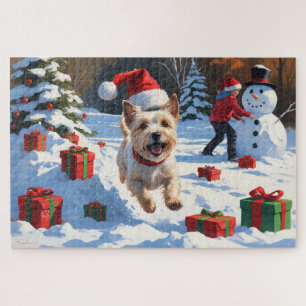 Puzzle Terrier Cairn courant dans la neige avec un chapea