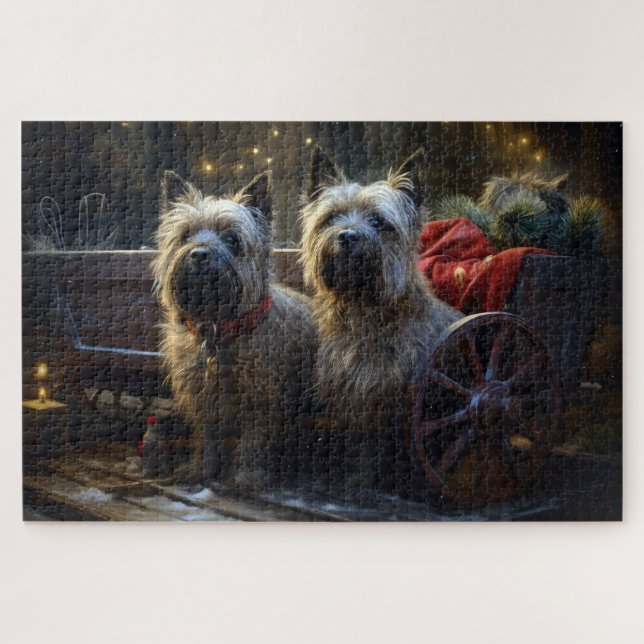 Puzzle Terrier Cairn enneigé traîneau Noël décoration  (Horizontal)