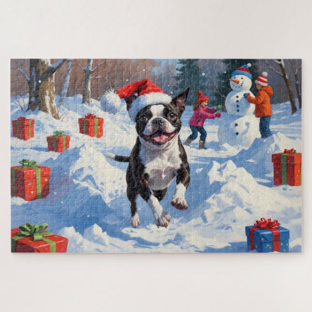 Puzzle Terrier de Boston Scène de neige festive de Noël (Horizontal)