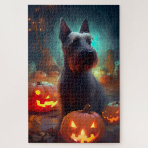 Puzzle Terrier écossais d'Halloween avec citrouilles effr