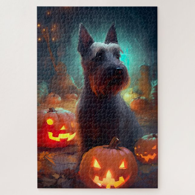Puzzle Terrier écossais d'Halloween avec citrouilles effr (Vertical)