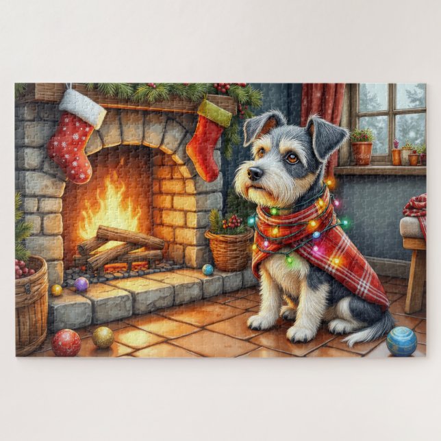 Puzzle Terrier Tchèque Cheminée avec Lumières de Noël (Horizontal)