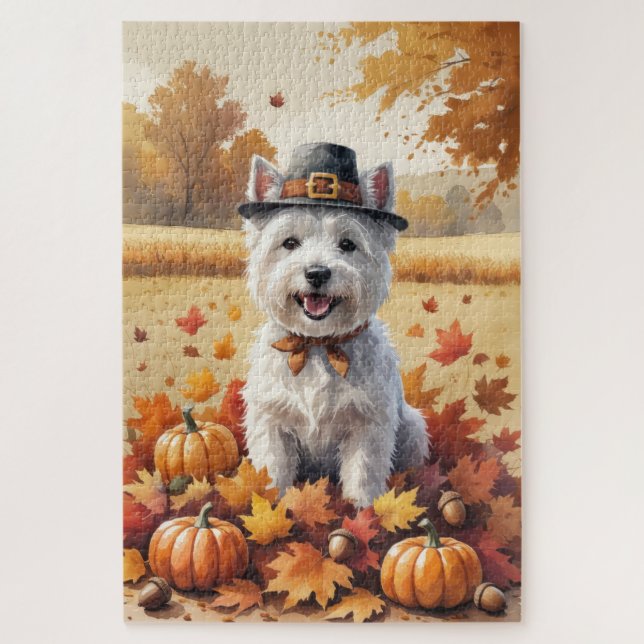 Puzzle Térrier West Highland White Feuilles d'automne (Vertical)