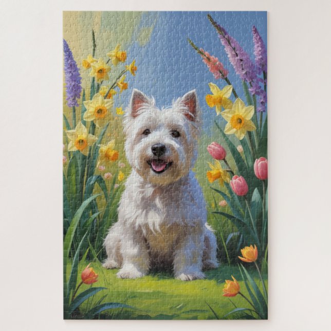 Puzzle Terrier West Highland White Fleurs de printemps  (Vertical)