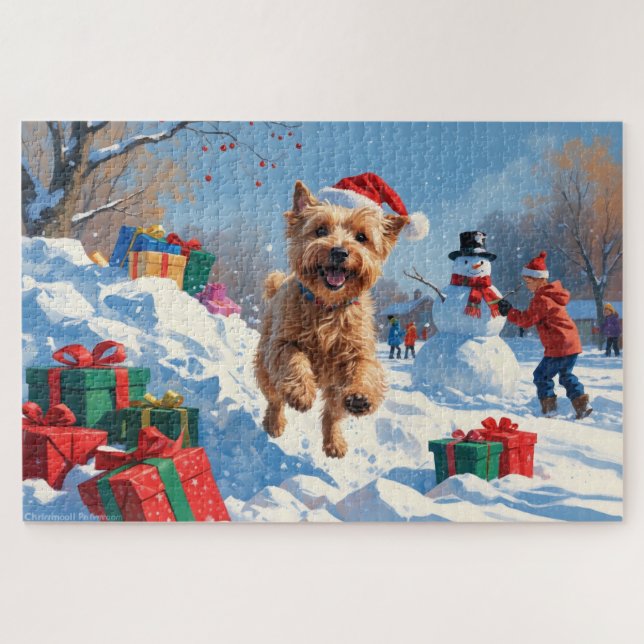 Puzzle Terrier Wheaten courant dans la neige avec un chap (Horizontal)
