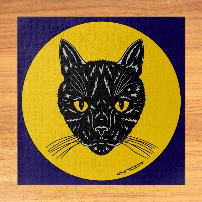 Puzzle Tête de chat noir (Black Cat Face Puzzle on Table)