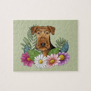Puzzle Tête de chien Airedale Terrier Fleurs Colorées Ver