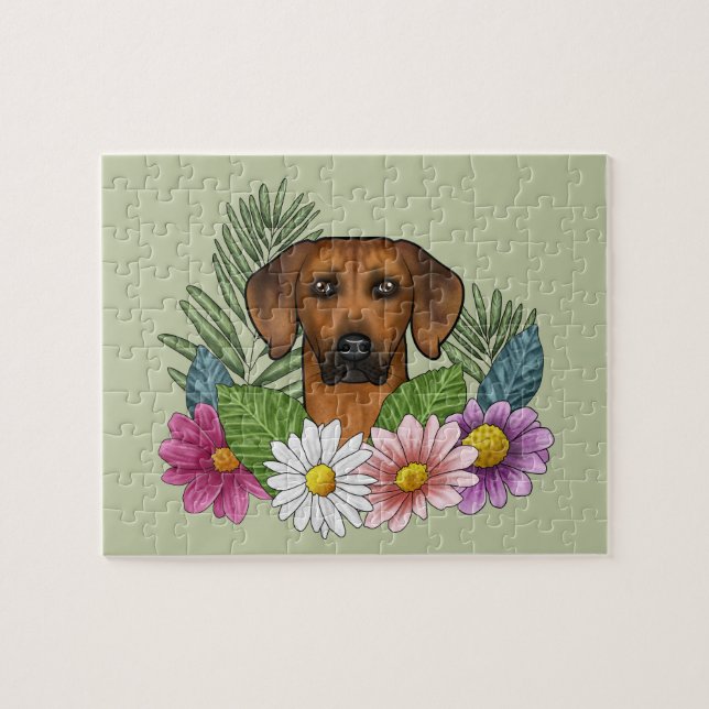 Puzzle Tête de chien Rhodesian Ridgeback Fleurs d'été Ver (Horizontal)
