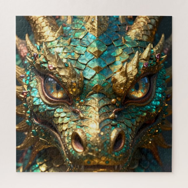 Puzzle Tête de dragon turquoise et or (Vertical)