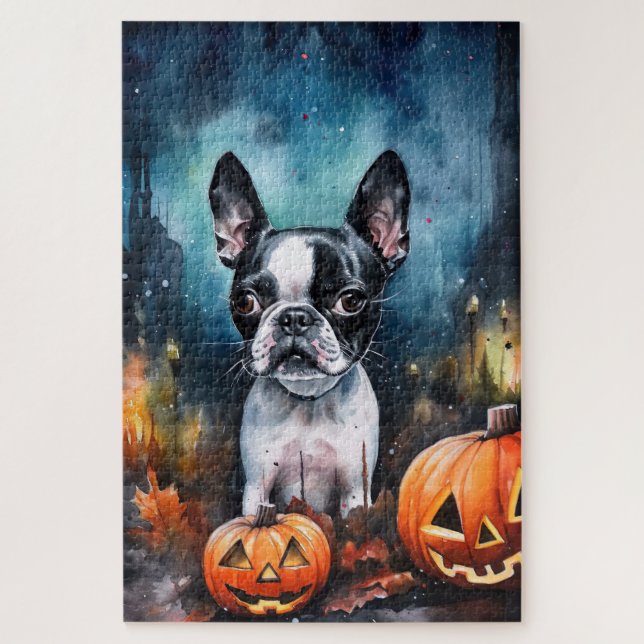 Puzzle Tête de mort Terrier de Boston avec citrouilles ef (Vertical)