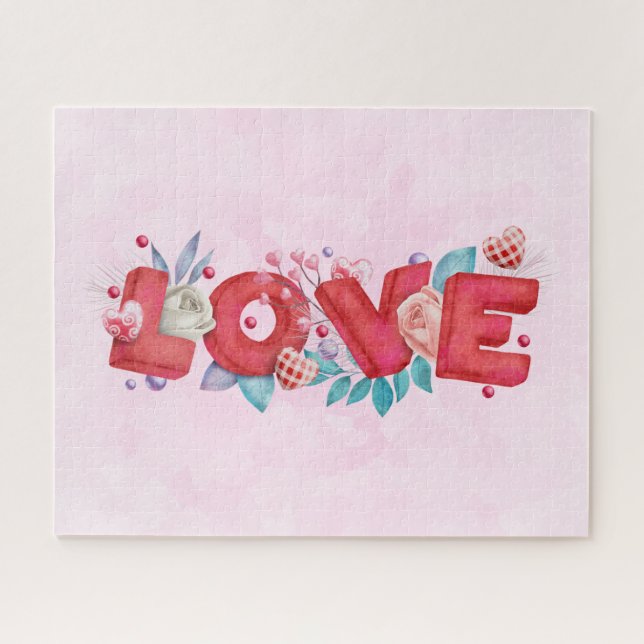 Puzzle Texte d'amour rouge en lettres bloc gras Aquarelle (Horizontal)