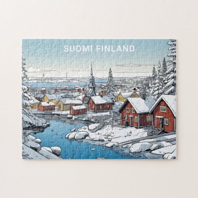 Puzzle Texte personnalisé Finlande - Illustration hiverna (Horizontal)