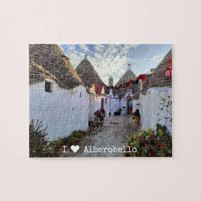 Puzzle Texte personnalisé, rue avec trullis à Alberobello (Horizontal)