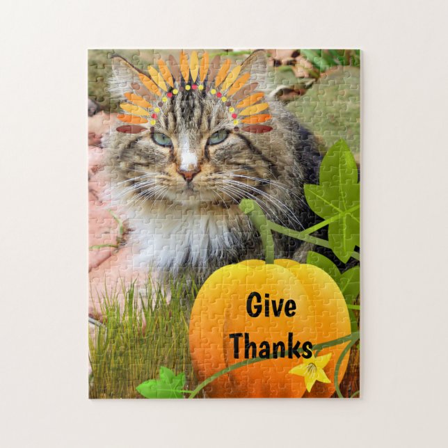 Puzzle Thanksgiving "Give Thanks" Chat mignonne et Citrou (Vertical)